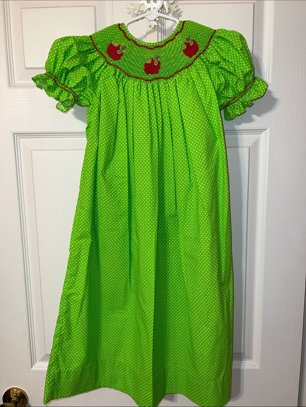 Kids Green Polka Dot Dress with Red Apple Smocking